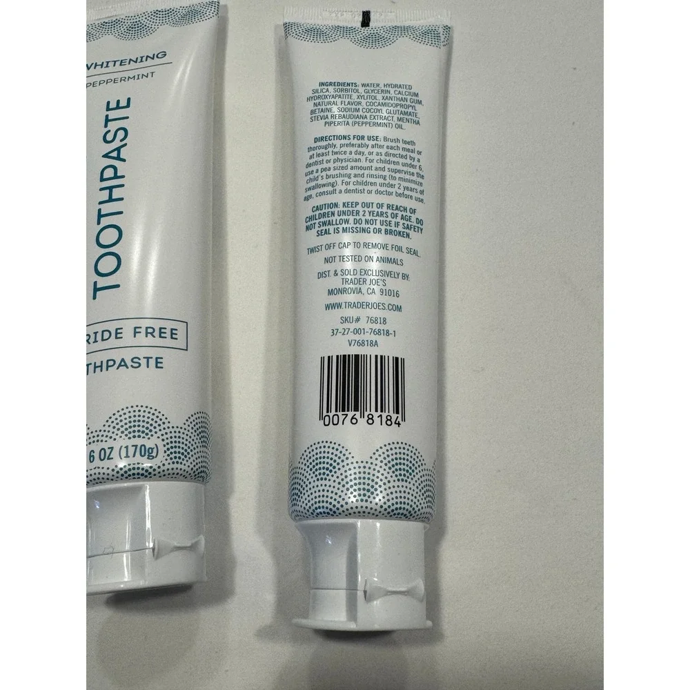 Trader Joe's Peppermint Toothpaste Whitening Fluoride‎ Free 3 Pack 6oz White New